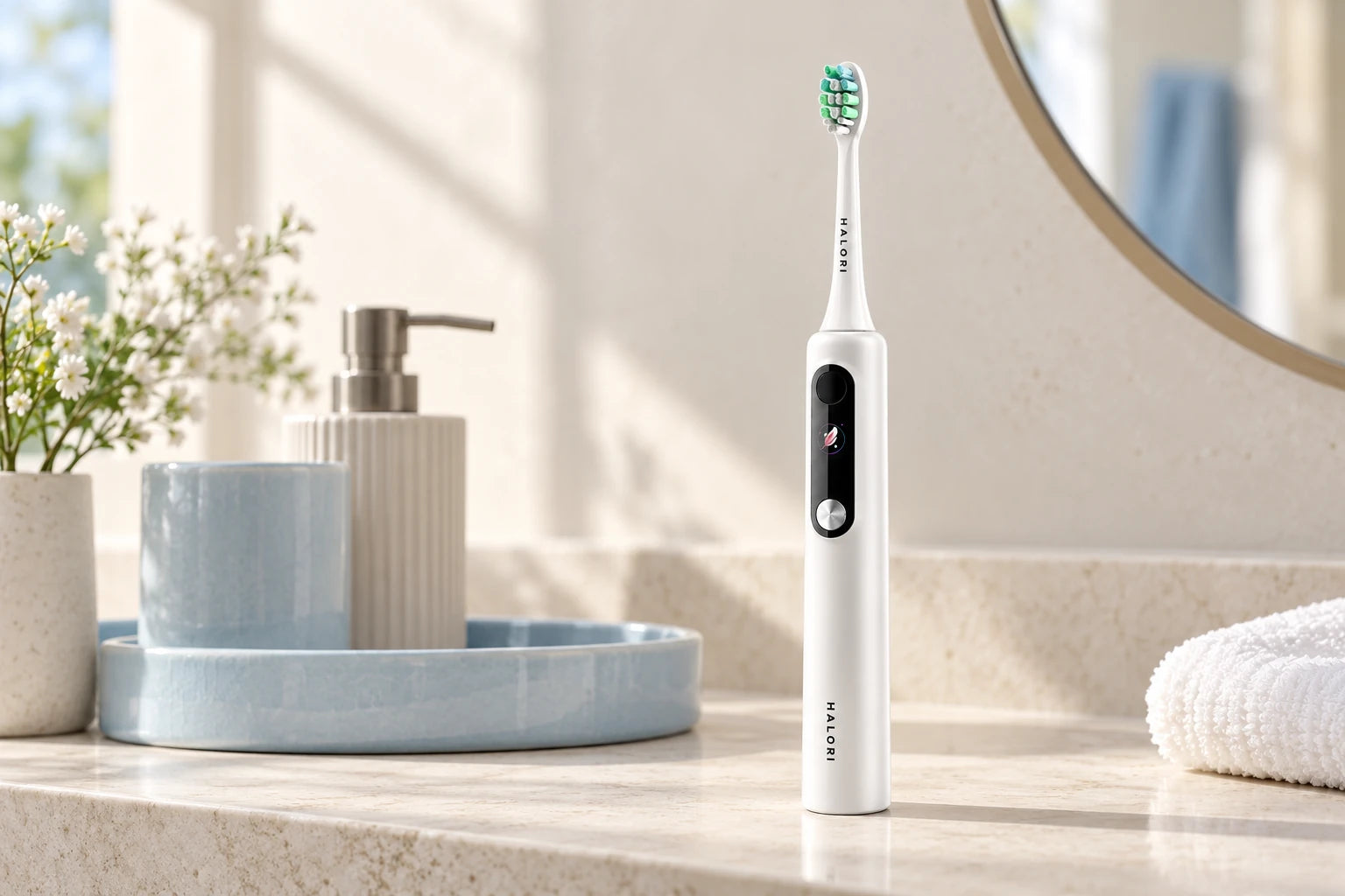 White Halori sonic toothbrush on a softly lit bathroom vanity