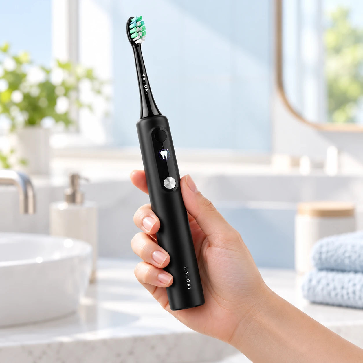 Black Halori sonic toothbrush held in a hand in a softly lit bathroom